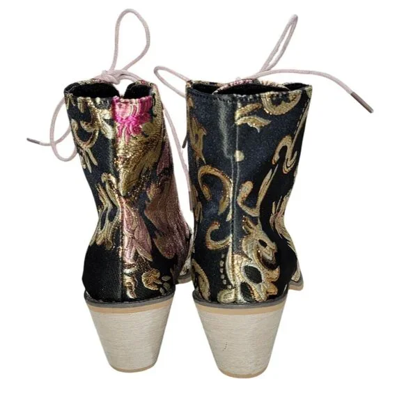 Womens Brocade Lace-Up Ankle Boots Floral Design High Block Heel Size 39 EU 8.5 - Picture 5 of 6